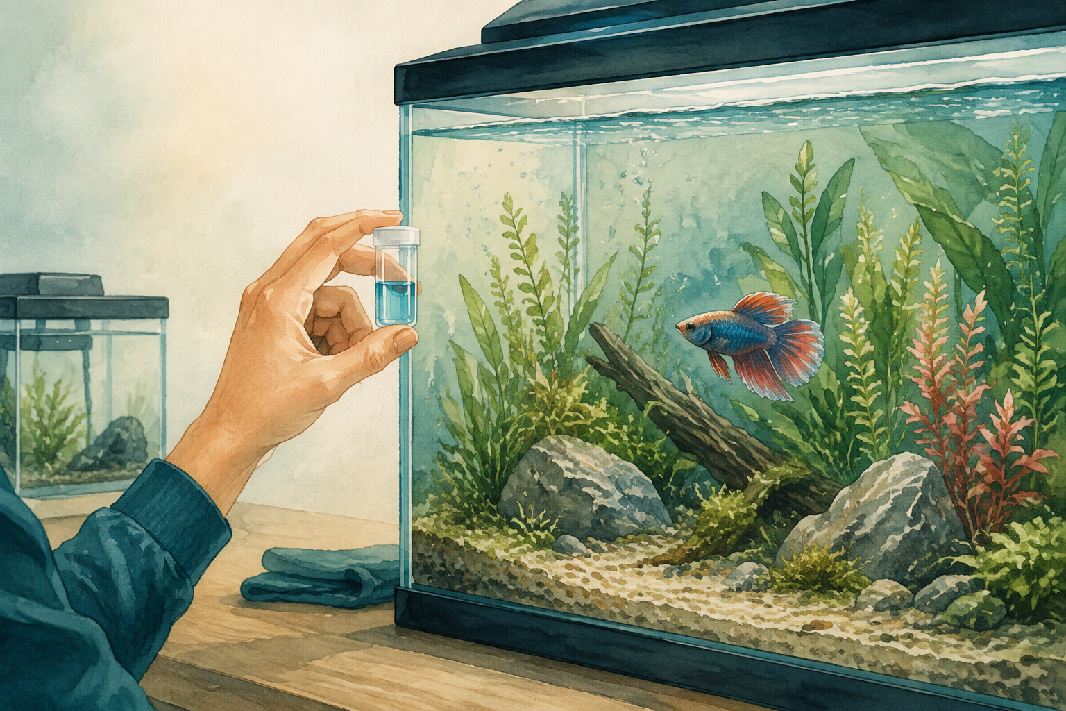Illustriertes Aquarium bei der Wasserprüfung