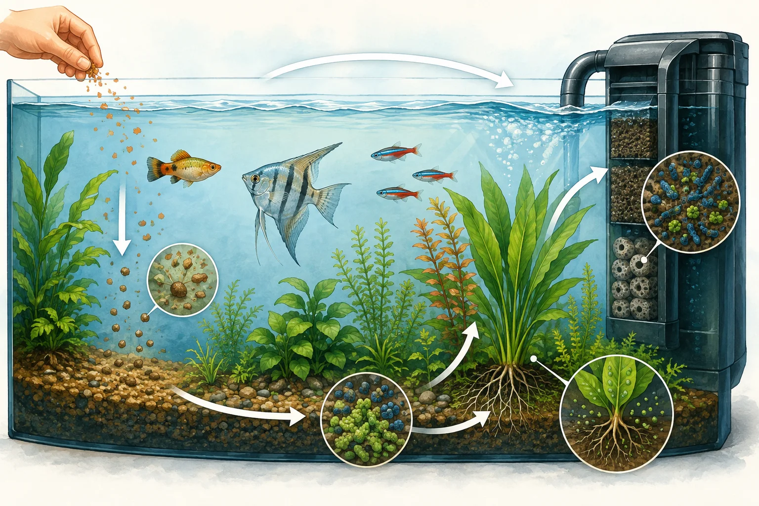 Bepflanztes Aquarium: Futter und Ausscheidungen gelangen in Bodengrund und Filter, werden dort von Bakterien verarbeitet und anschließend von Pflanzen aufgenommen.