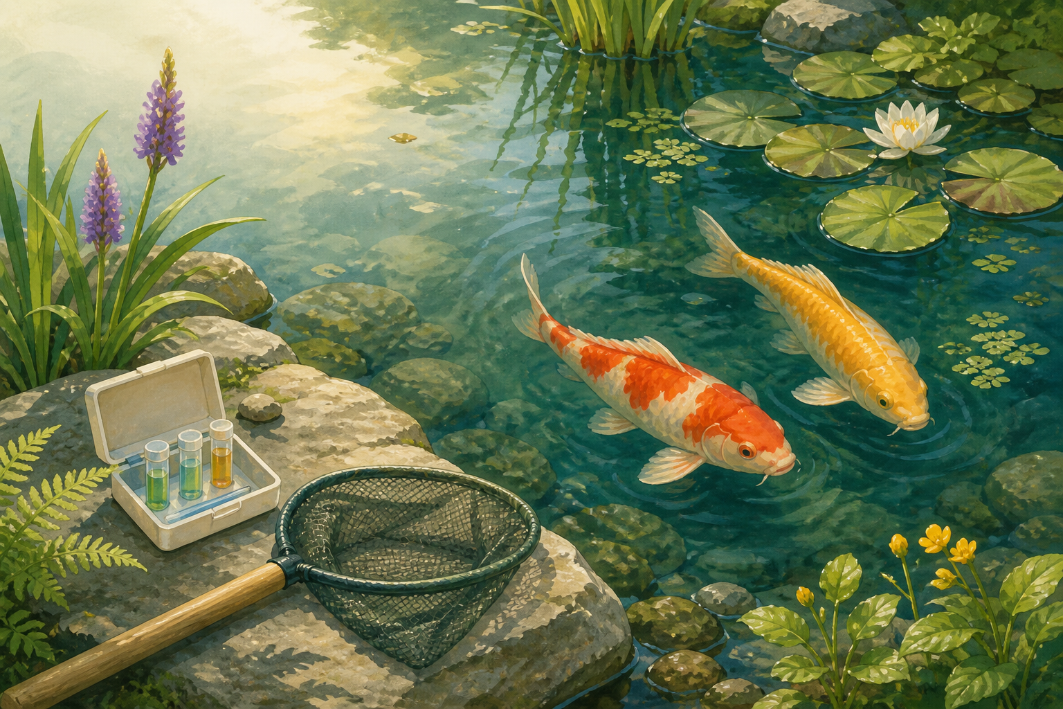 Illustrierter Gartenteich mit Koi und Prüfset